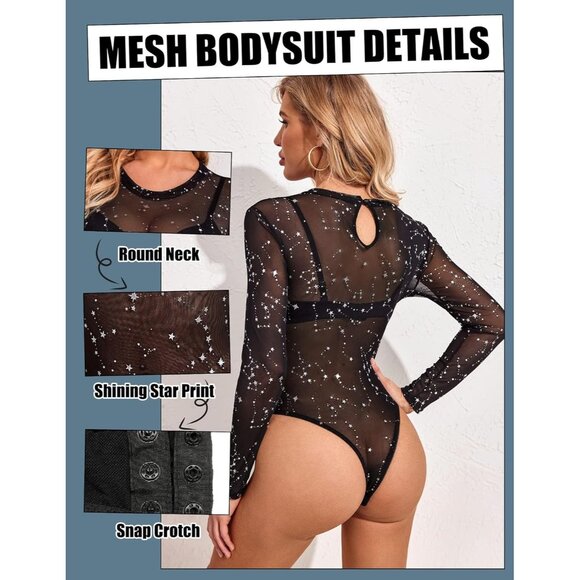 Women's Constellati Bodysuit Black Long Sleeve Bodysuit Round Neck Sheer Leotard - Picture 3 of 9